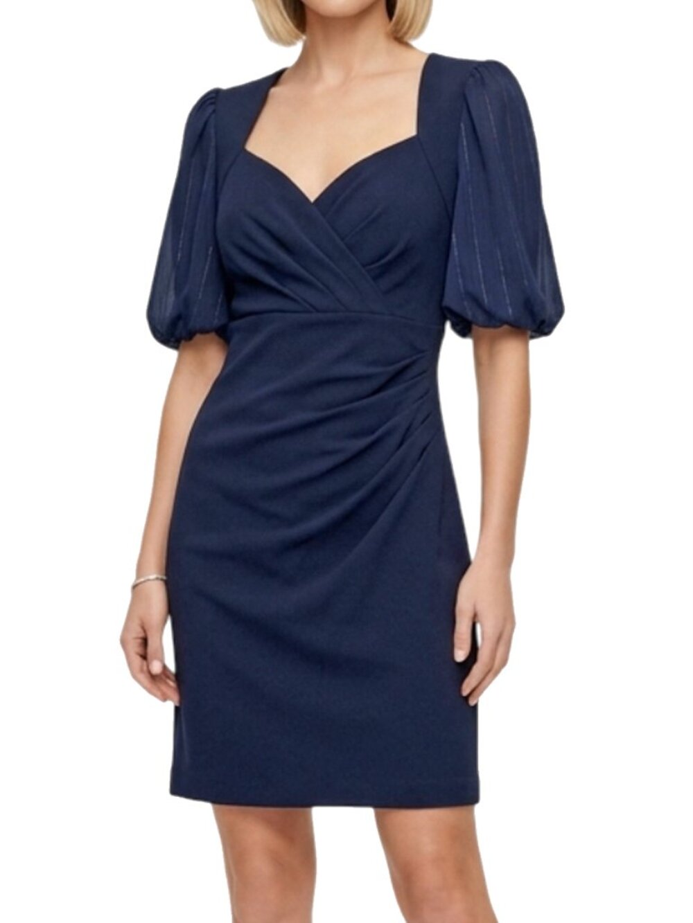DKNY Mixed Media Sheath Cocktail Dress Gold Metallic Thread Detail Puff Sleeve